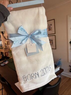 'Born 2026' Plush Baby Blanket with Blue Gingham Bow